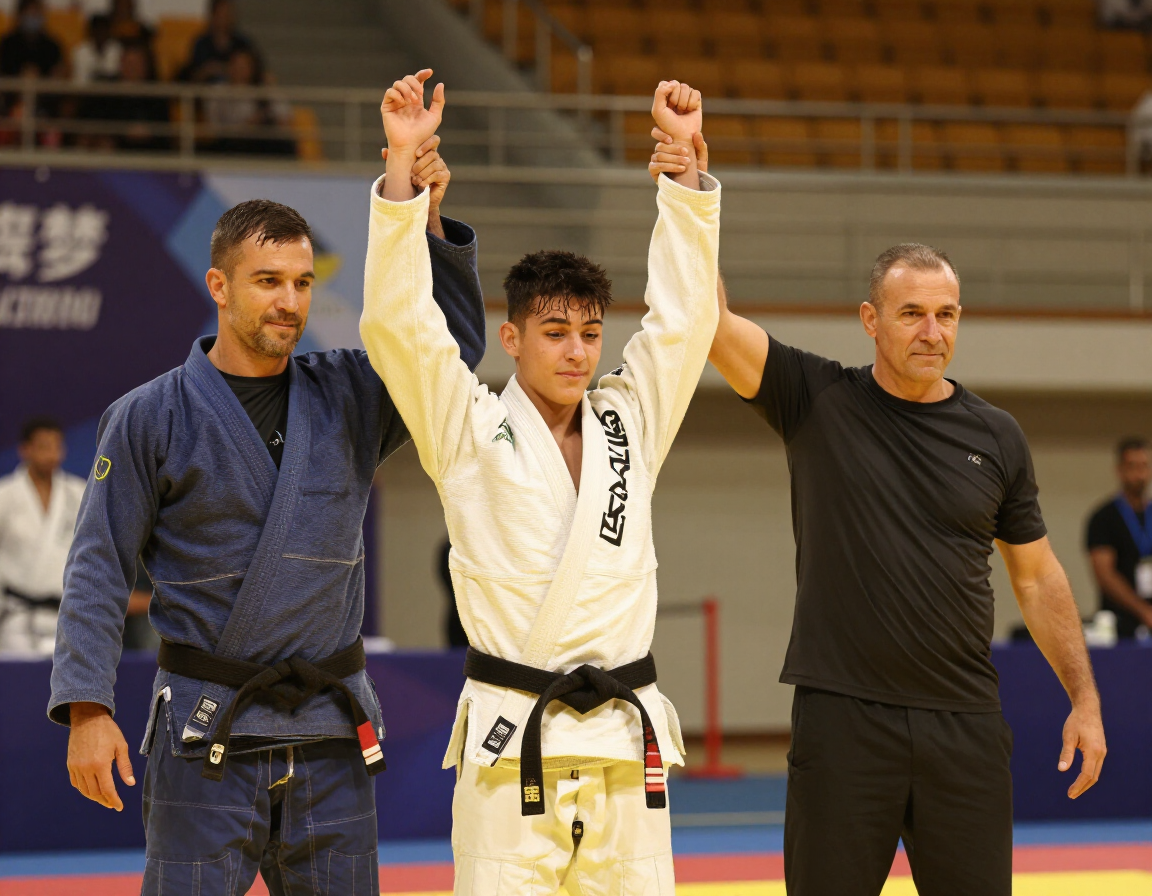 Coach raising athlete's hand in victory