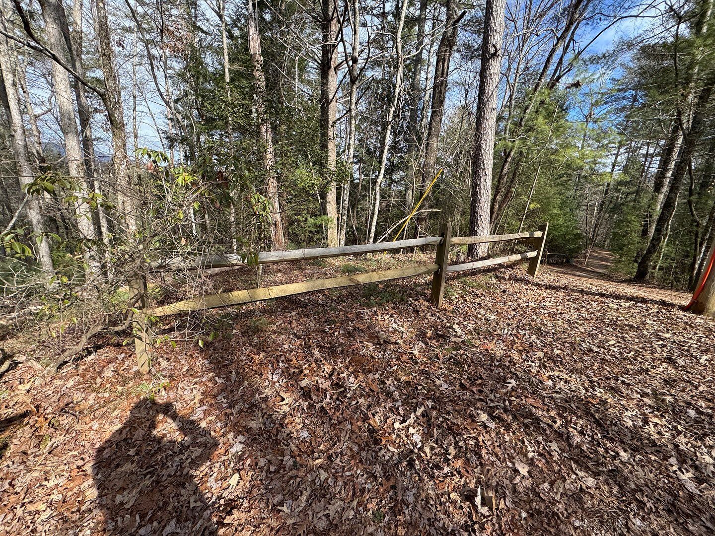 A wooden split-rail fence runs through a wooded area covered in fallen brown leaves under a sunny sky.