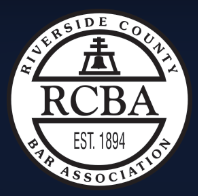 The riverside county bar association logo is black and white on a blue background.