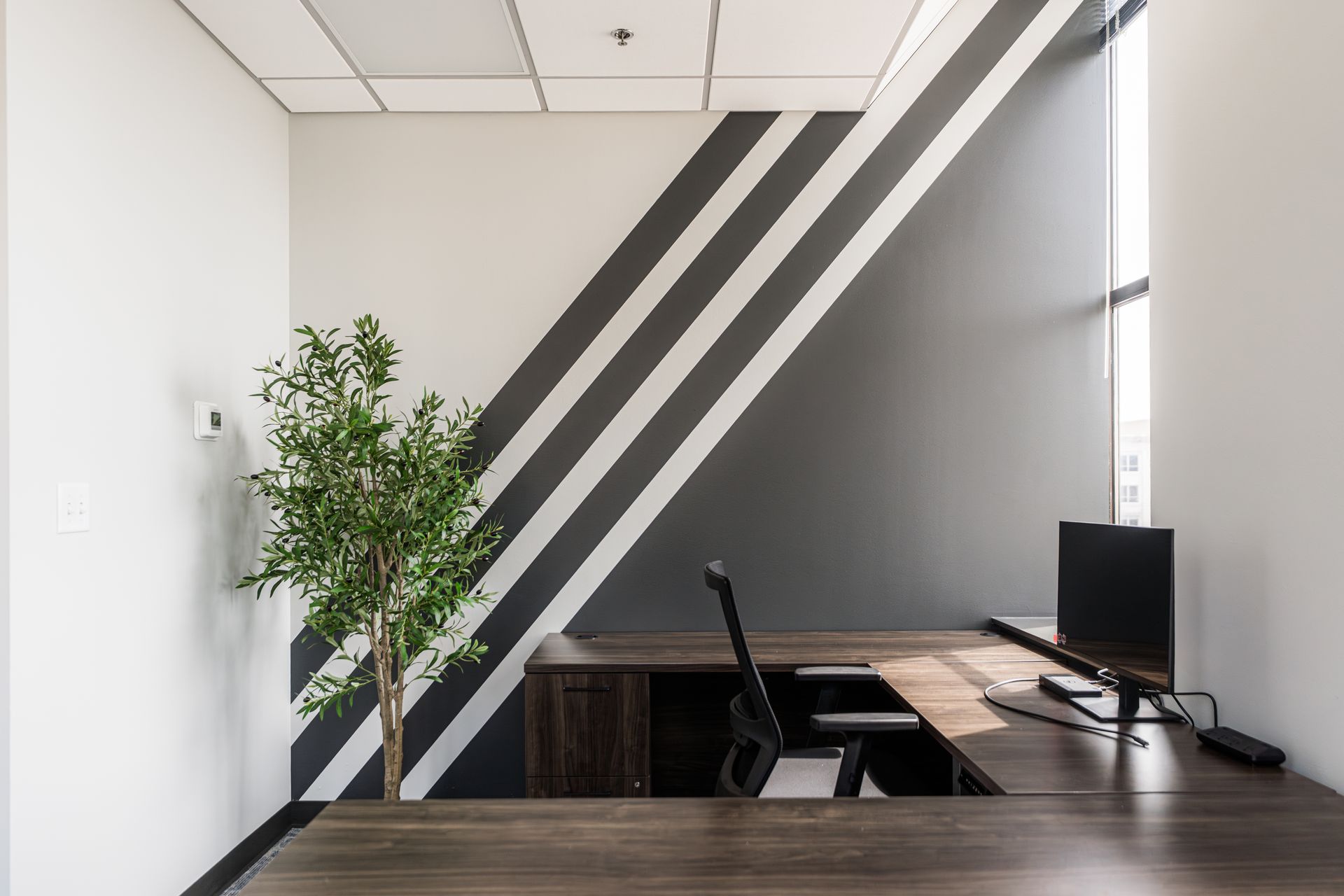 Modern office with dark desk, computer monitor, chair, plant, and diagonal gray wall stripes