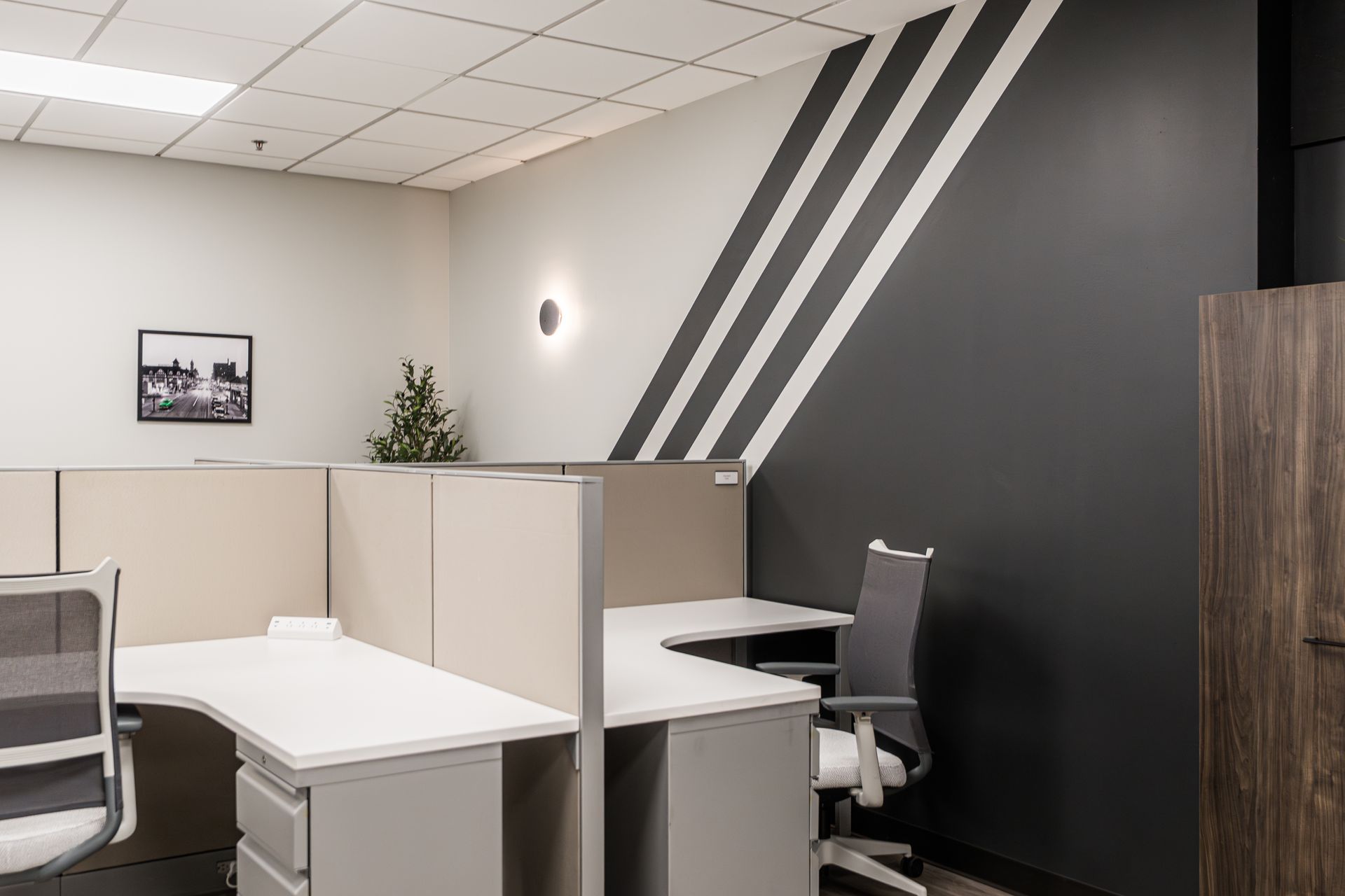 Empty office cubicles with white desks and black accent wall in a modern workspace