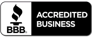 BBB Accredited Business logo. White flame and