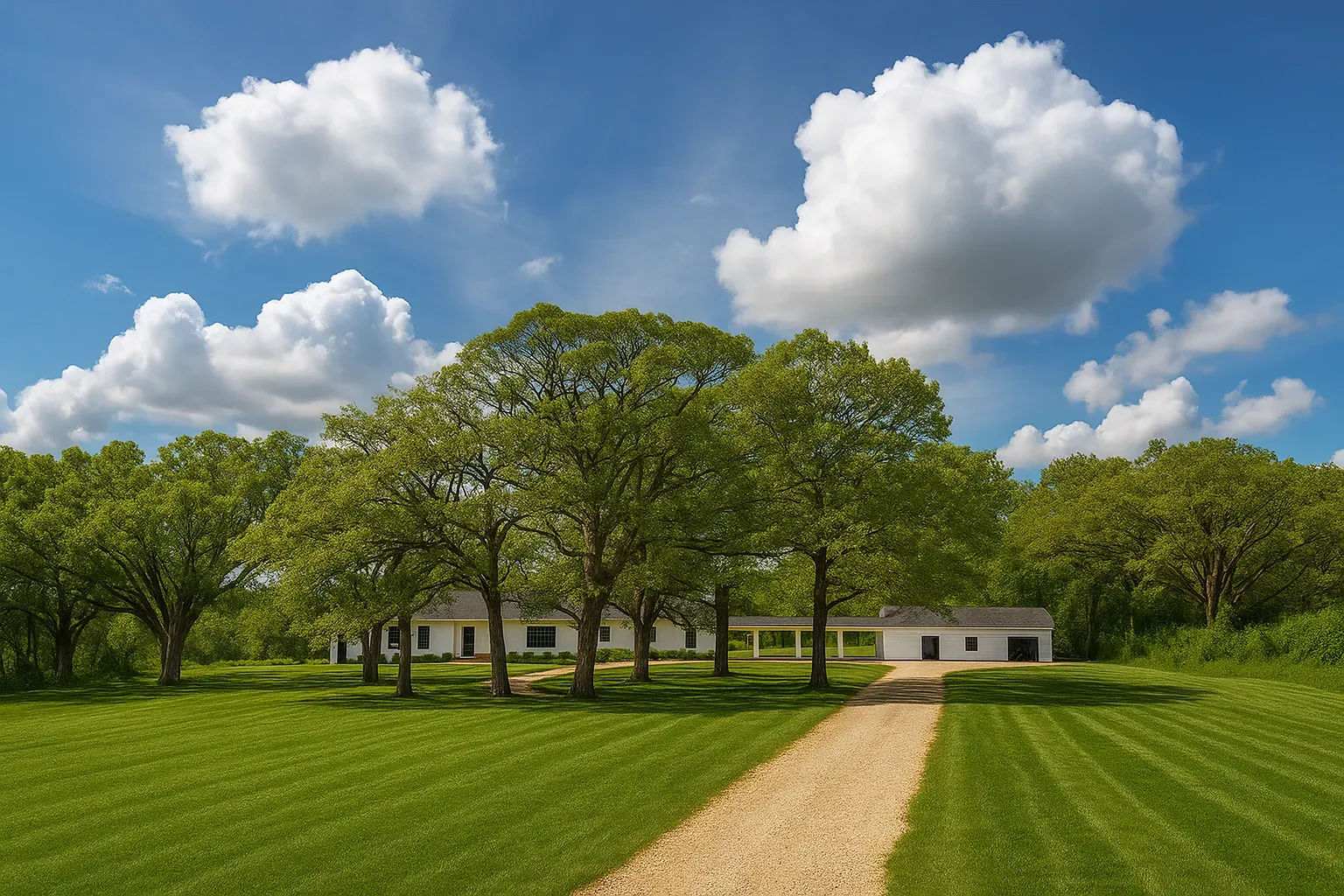 White modern buildings behind a line of green trees. Gravel path leads to the buildings in a sunny meadow.