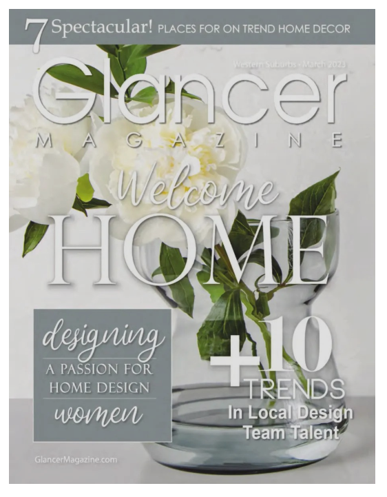 Glancer Magazine cover with floral arrangement, text promoting home decor trends.