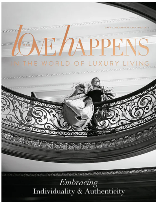 Cover of a luxury living magazine, featuring a woman in an elegant setting, title 