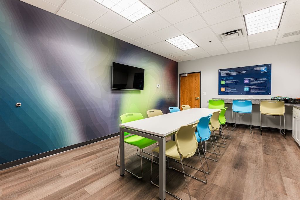 Conference room with long white table, colorful chairs, large wall mural, TV, and informational board.