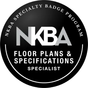 Black and white NKBA Specialty Badge for Floor Plans & Specifications Specialist. Circle with text and logo.