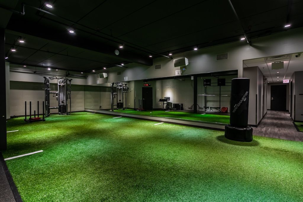 Gym interior with green turf floor, exercise equipment, mirrors, and black ceiling.