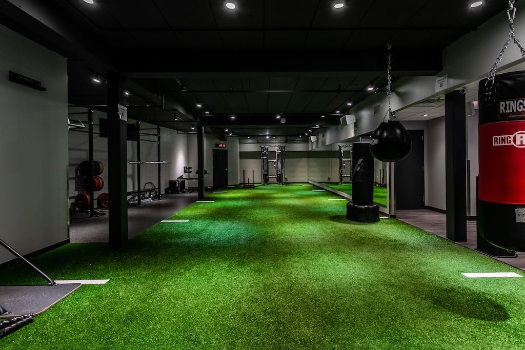 Gym interior with artificial turf flooring, boxing bags, and fitness equipment.