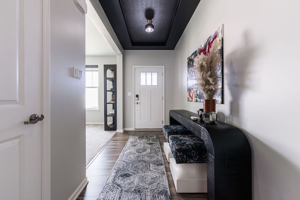 Entryway with white door, black ceiling, gray walls, long black console table, and decorative rug.