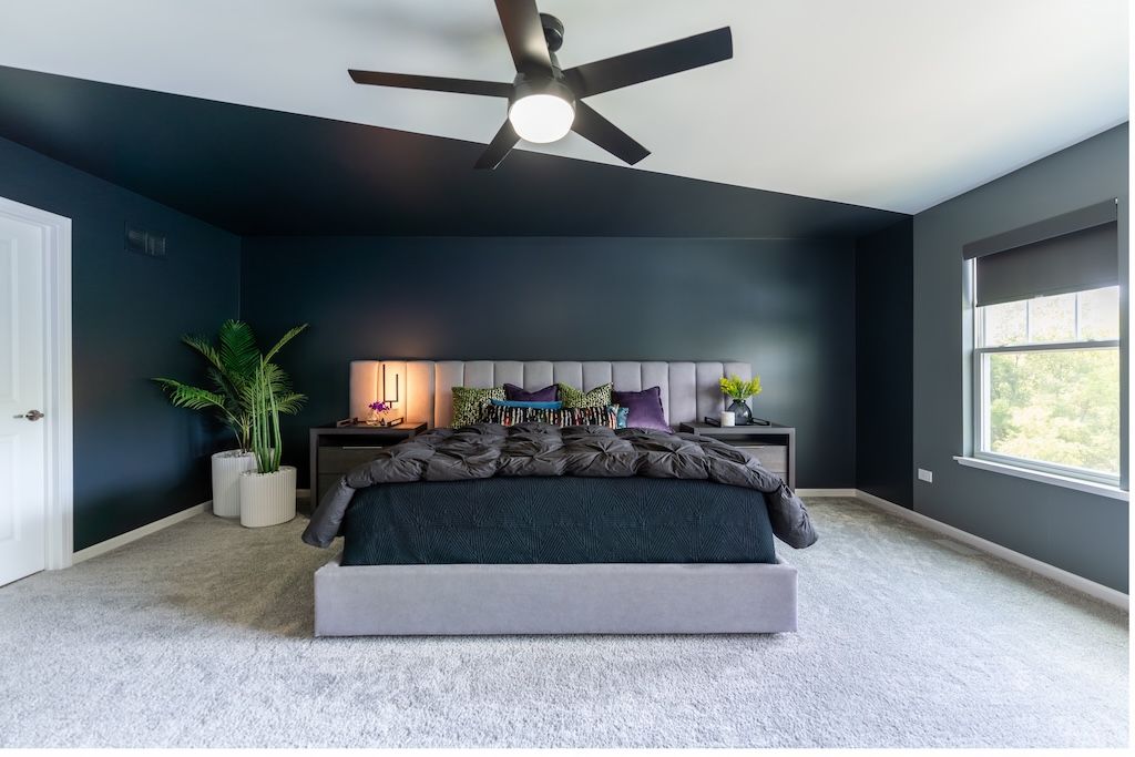 Dark blue bedroom with a bed, plants, and ceiling fan. Carpeted floor.