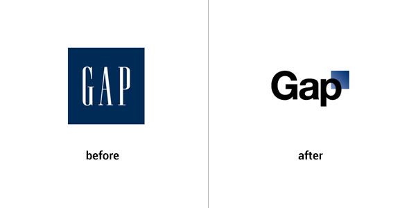 A before and after picture of the gap logo