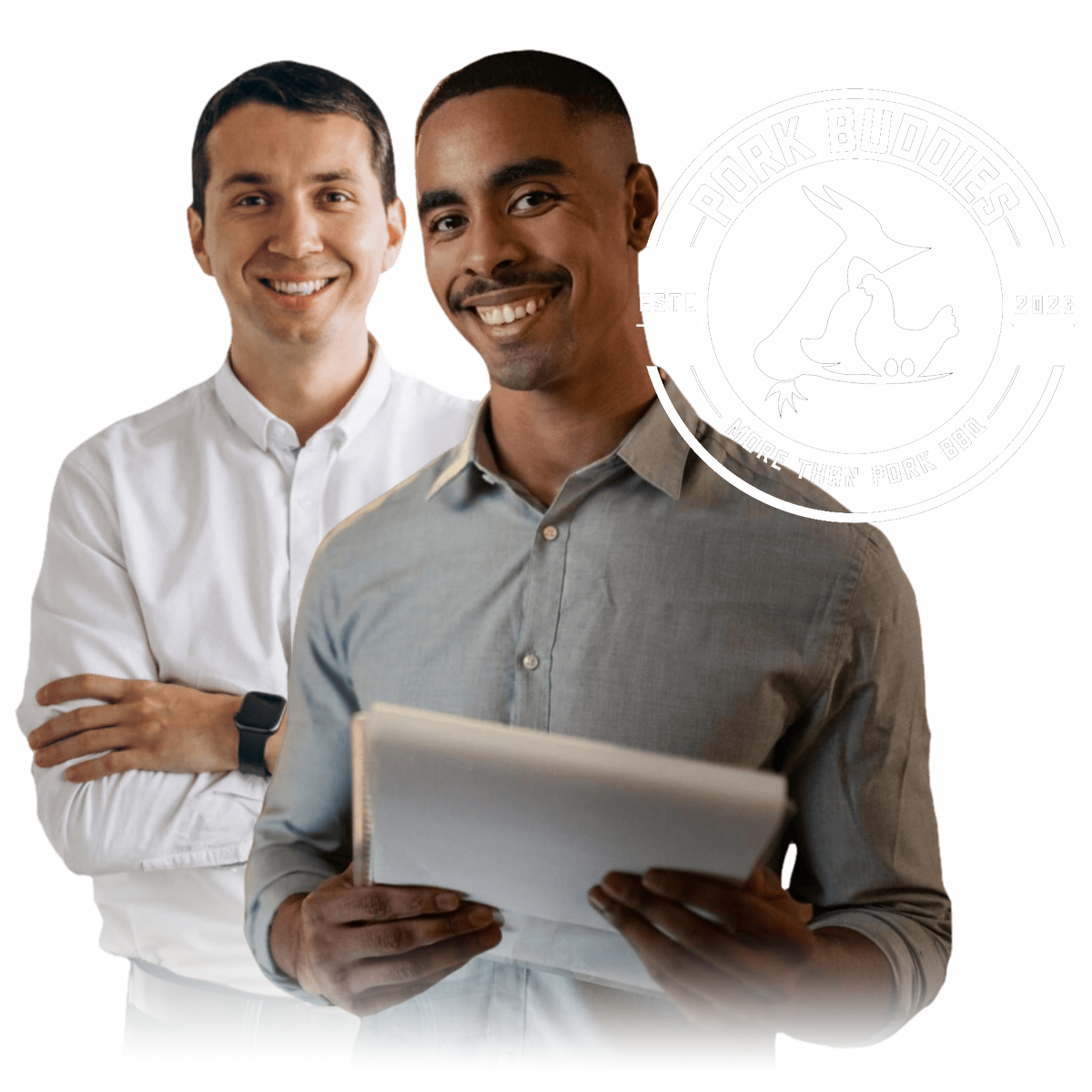 Two business men standing next to each other one holding a tablet