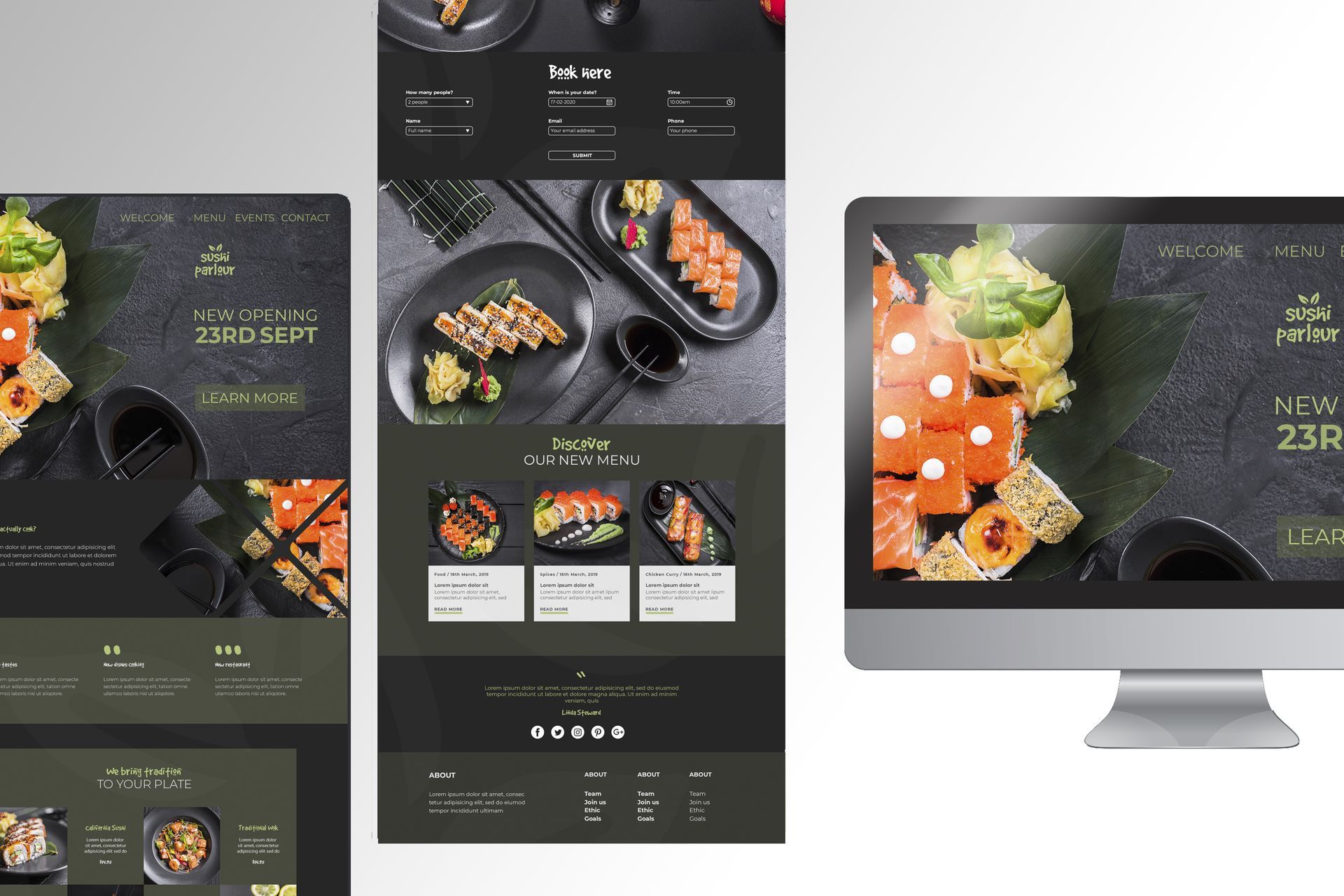 Three different versions of a website for a sushi restaurant.