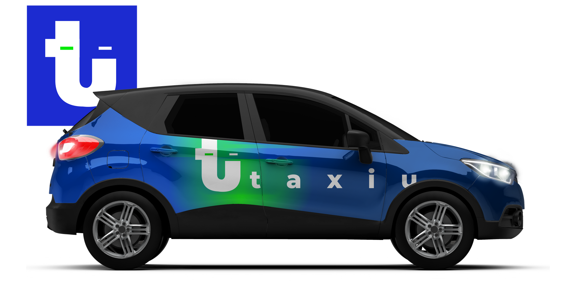 A blue car with the word taxiU on the side. Designed by Reigngo