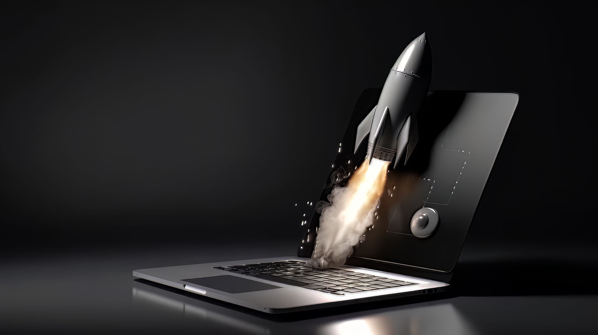 A rocket is coming out of a laptop screen.
