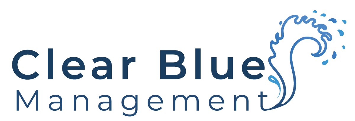 Clear Blue Management logo with blue text and a wave graphic.