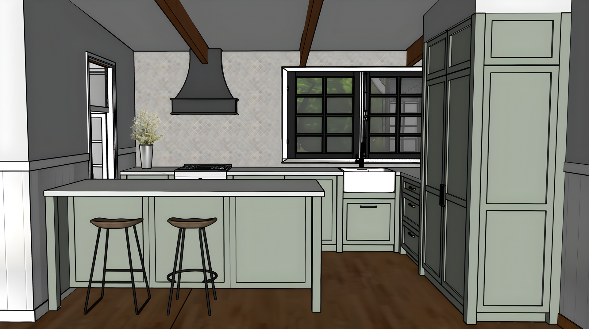 A kitchen rendering featuring a sage-colored island with stools, cabinetry, black-framed windows, and a range hood.
