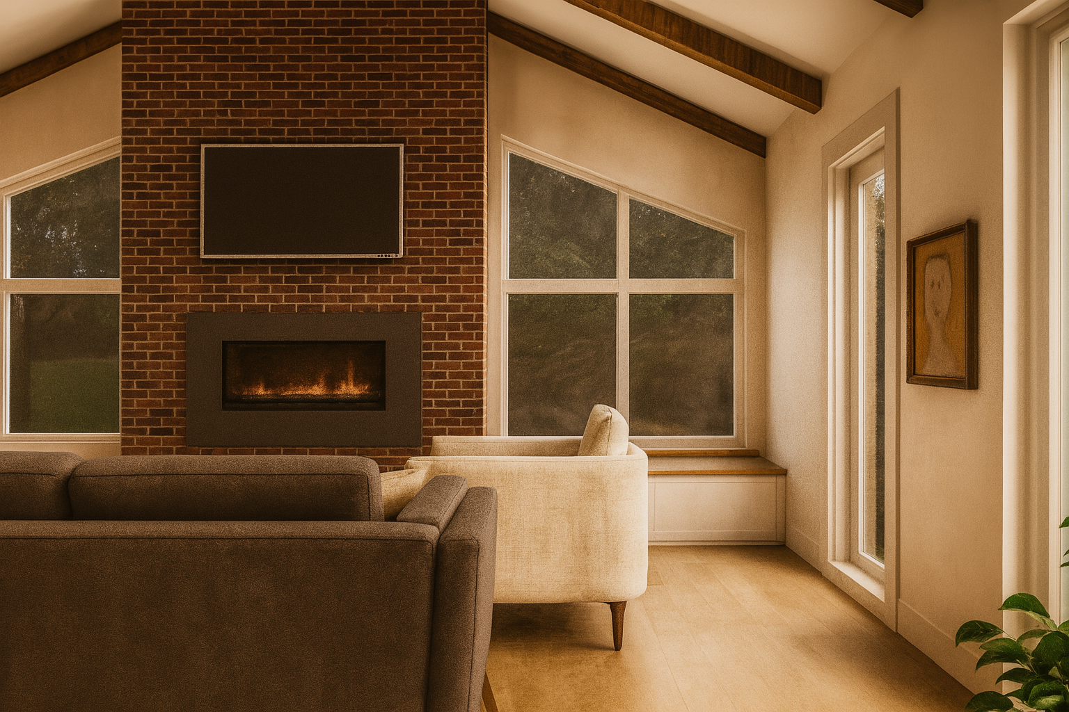 A bedroom with a wooden dresser, a framed photo, a chair, and a neutral color palette.