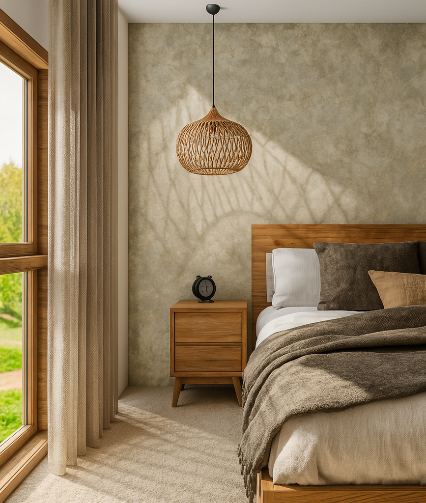 Modern kitchen with marble island, gray cabinetry, and wood accents. Includes bar seating and double ovens.