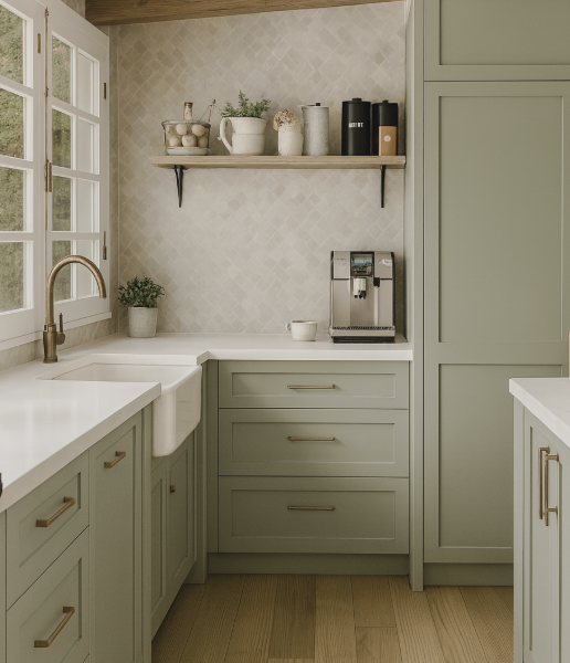 A light green kitchen with white countertops, a farmhouse sink, and a built-in coffee machine next to cabinets.