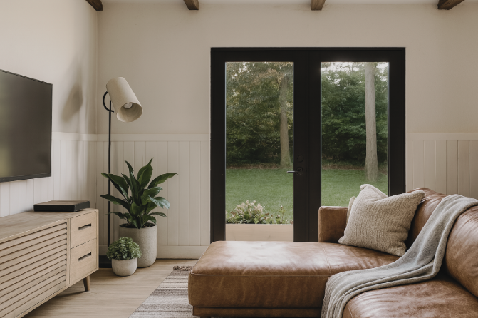 Living room with a leather sectional sofa, TV, and a door leading to a backyard, with a floor lamp and plants.