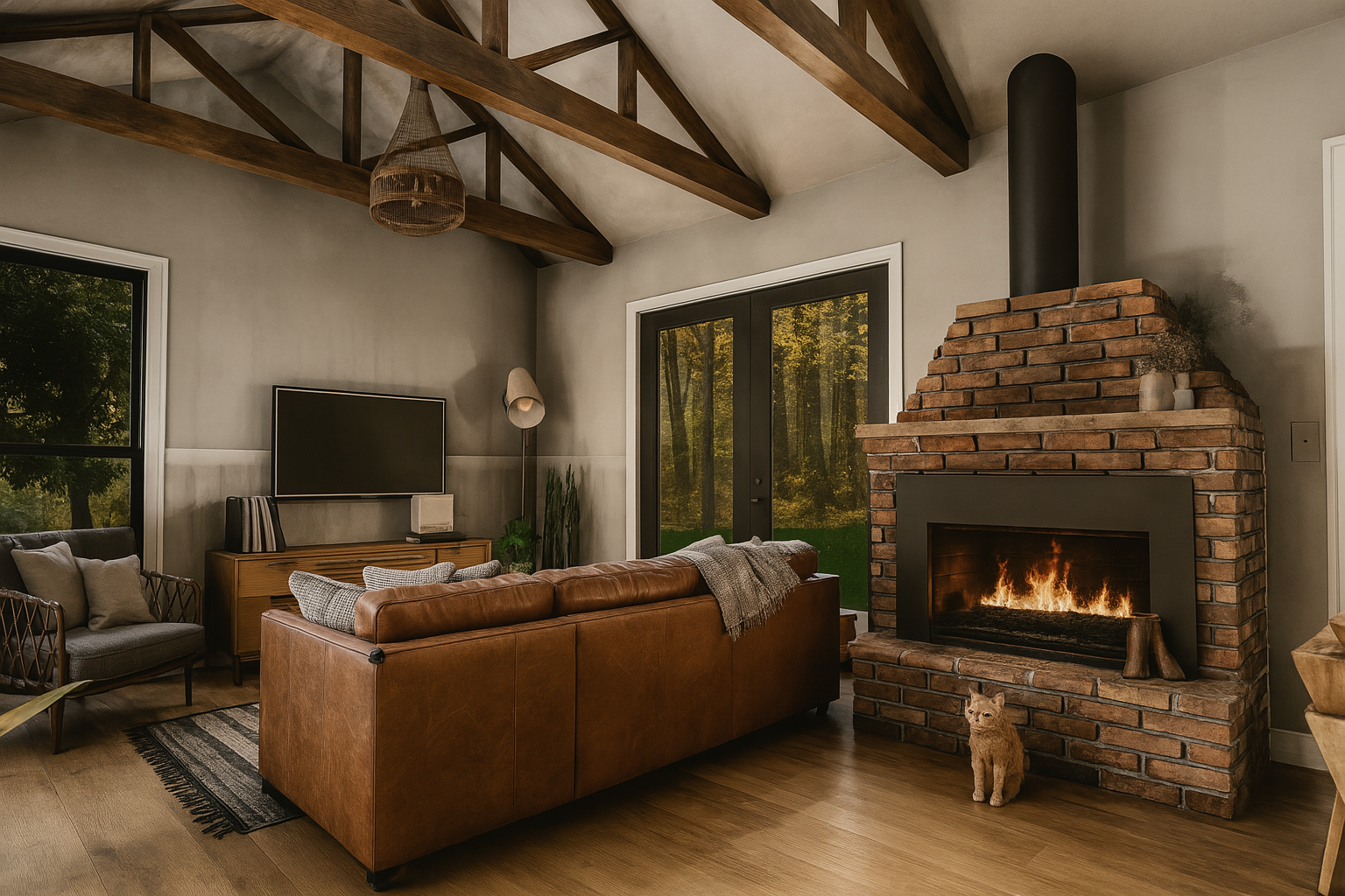 Cozy cabin living room with a leather couch, brick fireplace, and wooded view through large windows.