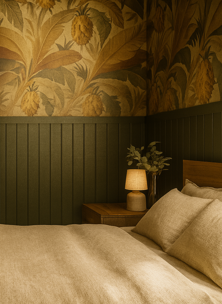 Bedroom corner with a bed covered in a light blanket. The walls feature a green wood paneling and a wallpaper with a pineapple design. A lamp sits on the wooden nightstand.