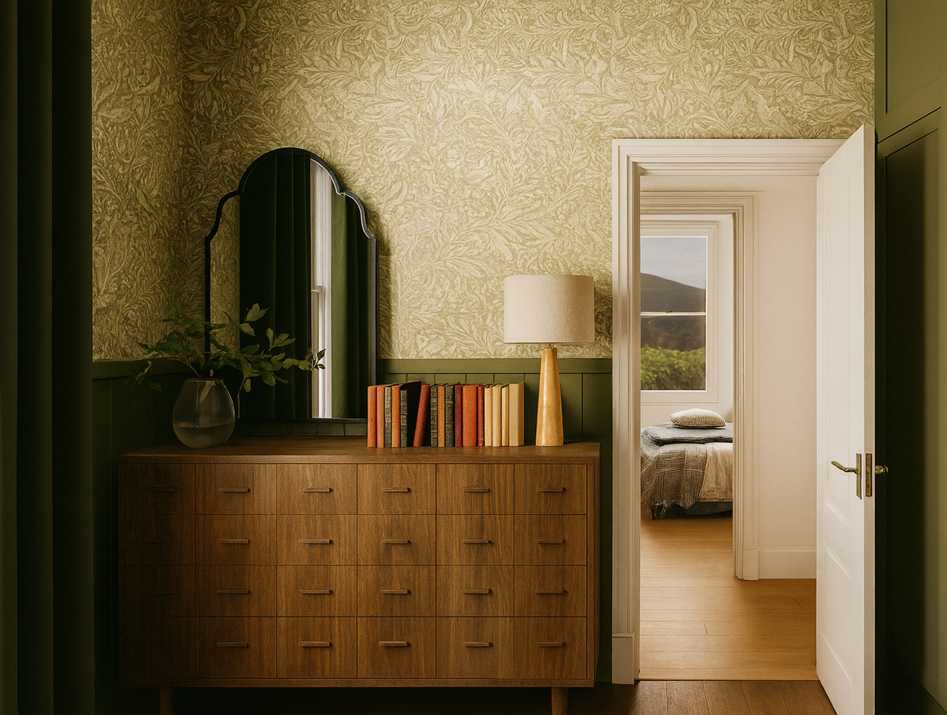 A room with a wooden dresser, arched mirror, and a doorway leading to a bedroom with a view. Green and gold color scheme.