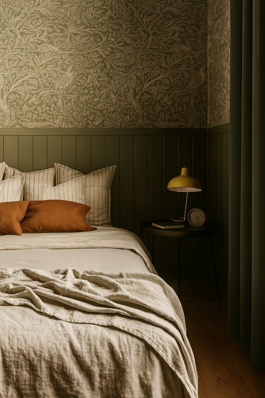 Bedroom with olive green walls, paneling, and curtains. Bed with beige bedding, orange pillows, and yellow lamp on a side table.