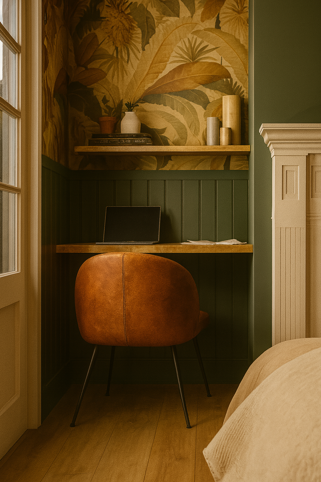 Cozy home office nook with a desk and chair, featuring a laptop and a green and patterned wallpaper.