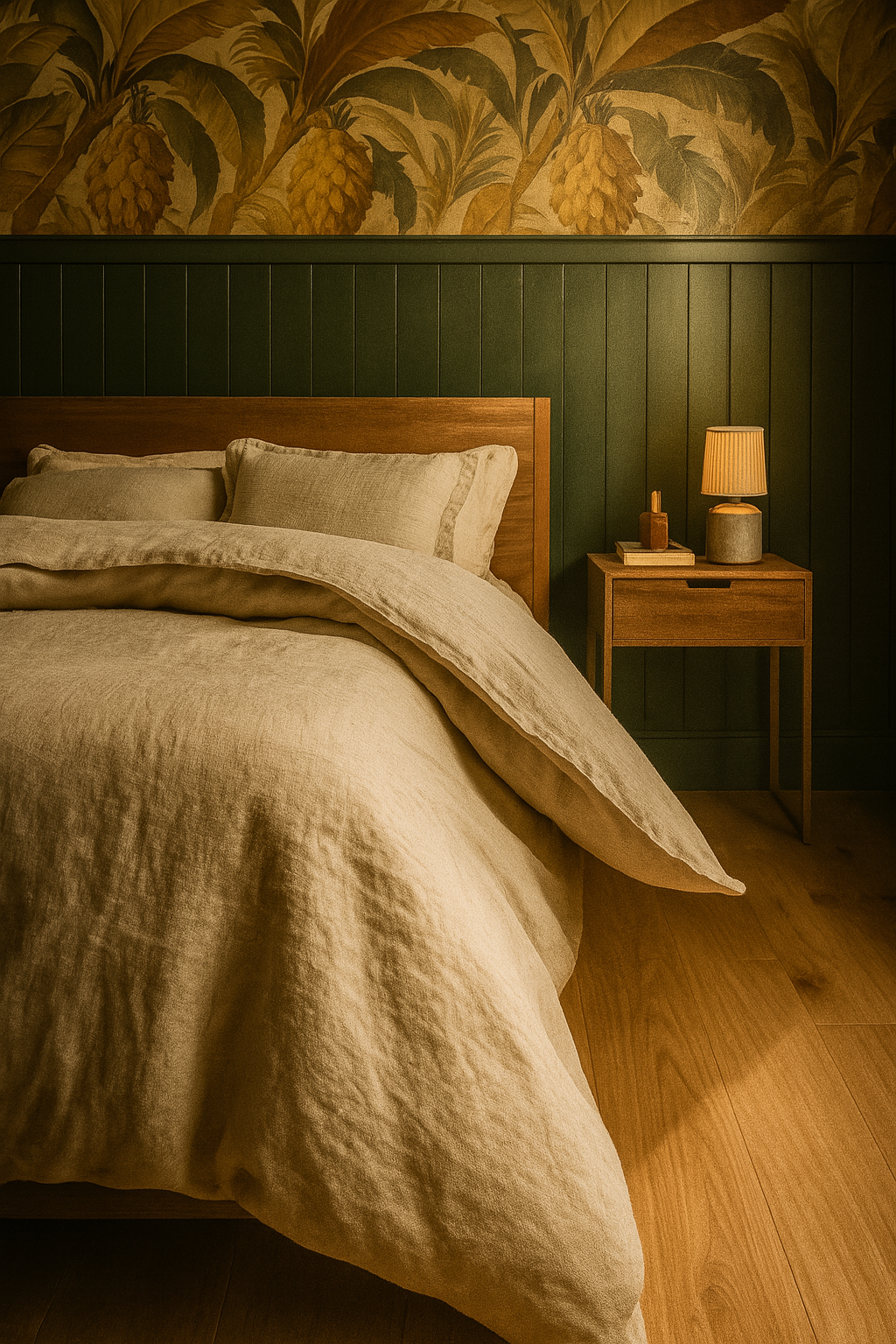 Bedroom with wooden bed, cream bedding, wooden nightstand with a lamp, green wall paneling, and pineapple wallpaper.