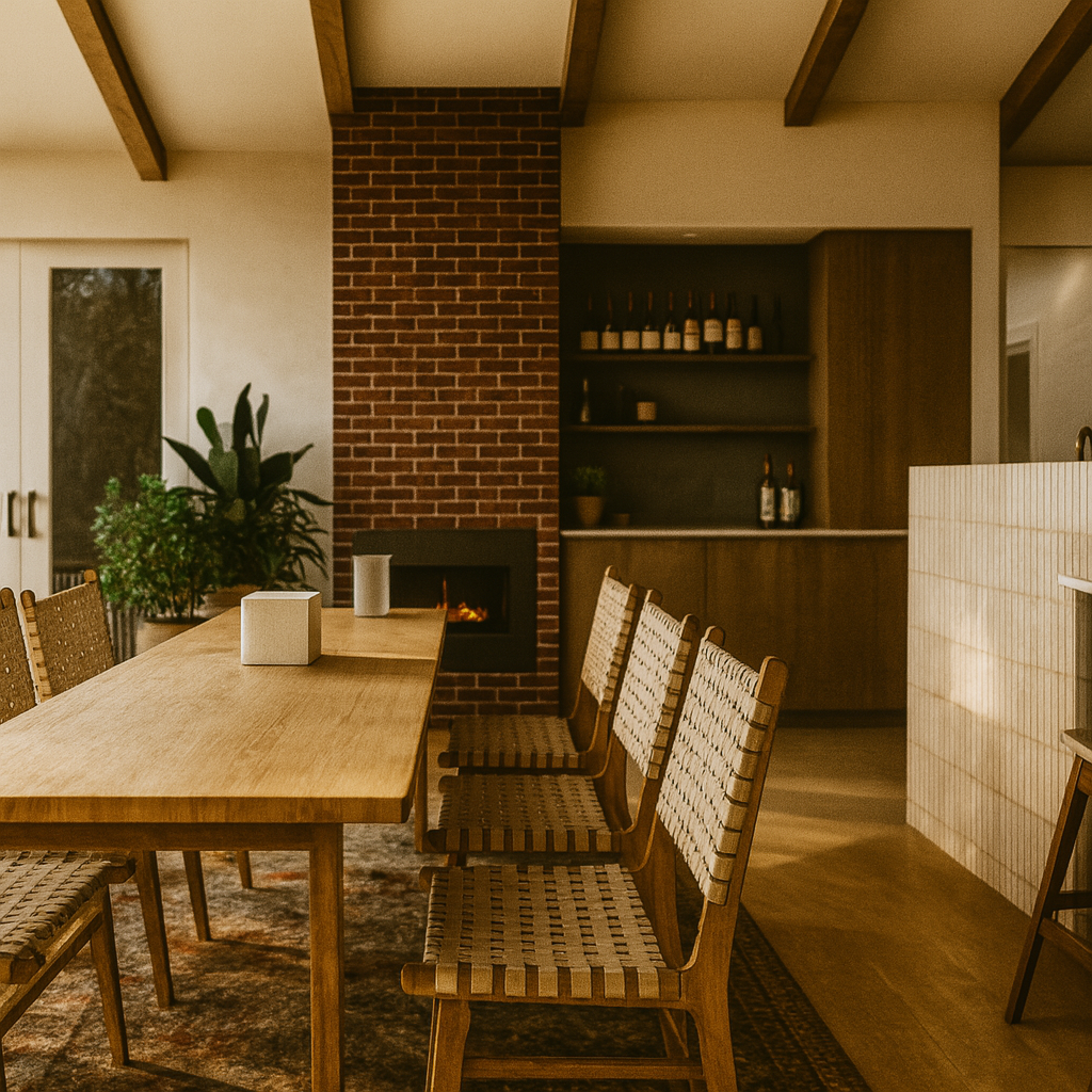 Dining room with wooden table and woven chairs, a brick fireplace, and a built-in bar area.