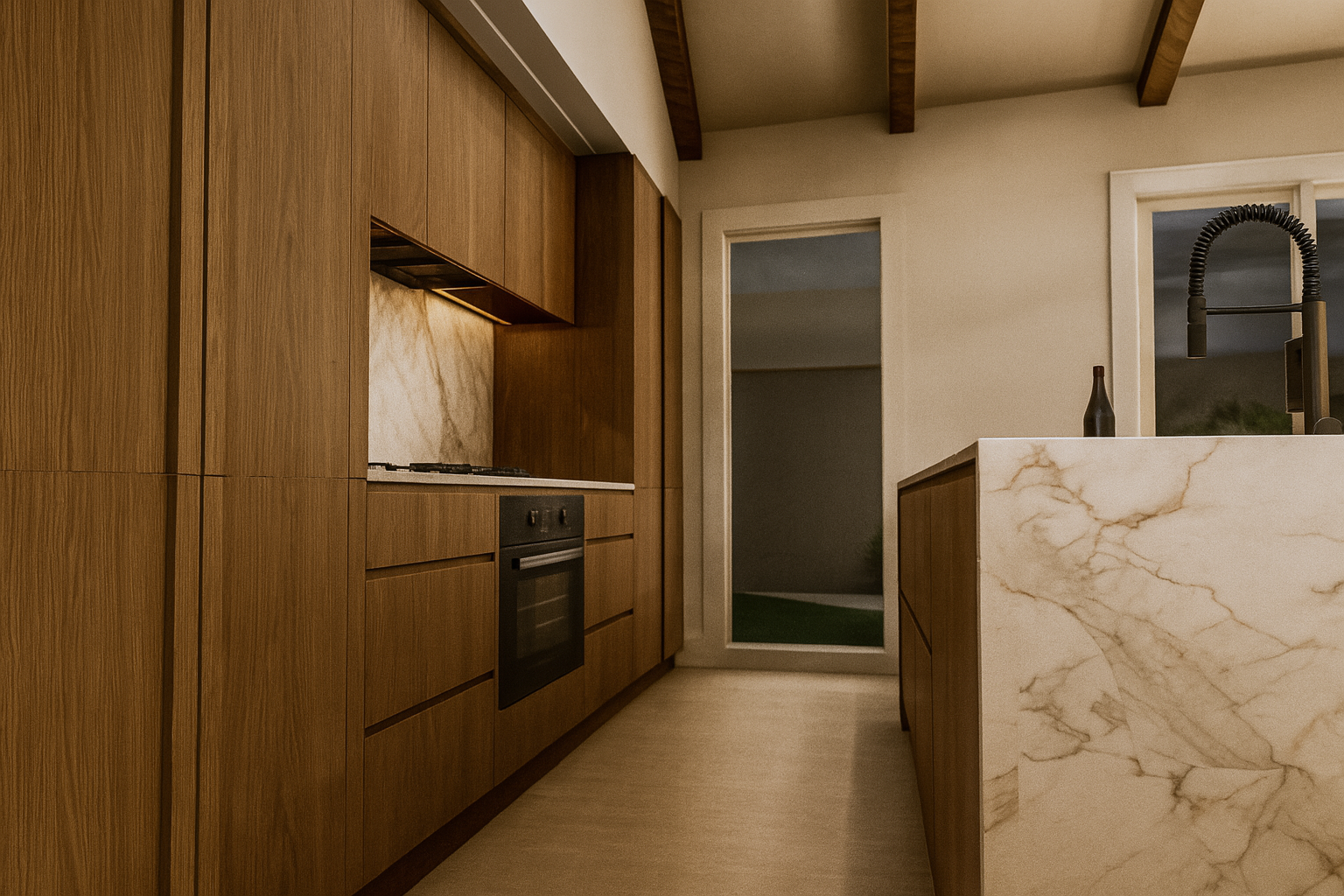 Modern kitchen with wood cabinets and marble countertop island. Includes oven, stovetop, and a view of the outside.