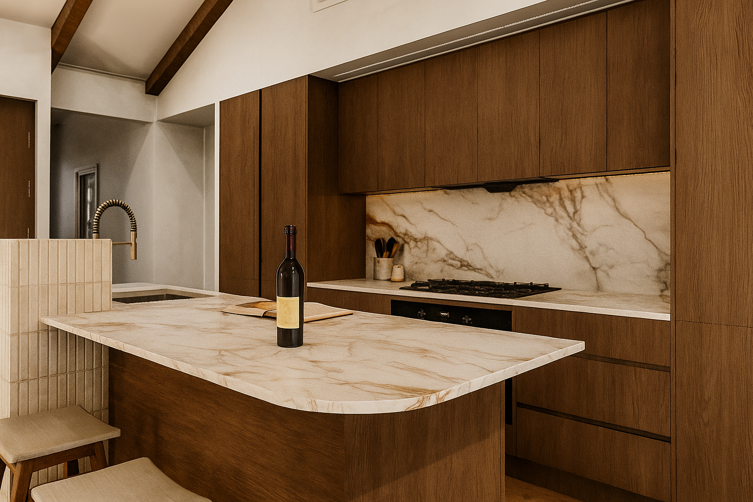 Cozy home office with a tan leather chair, wooden desk, and plant near a window.