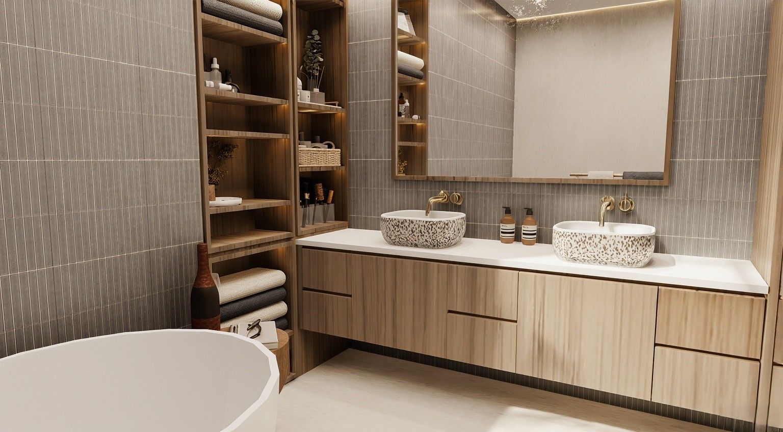 Modern bathroom with green and white tile. Features include a vanity, toilet, shower, and a long window with a view.