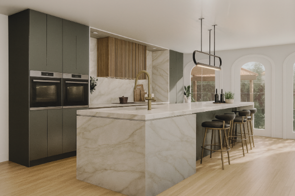 Modern kitchen with a marble island, dark cabinets, and wooden accents. Bar stools line the island, and large windows are in the background.