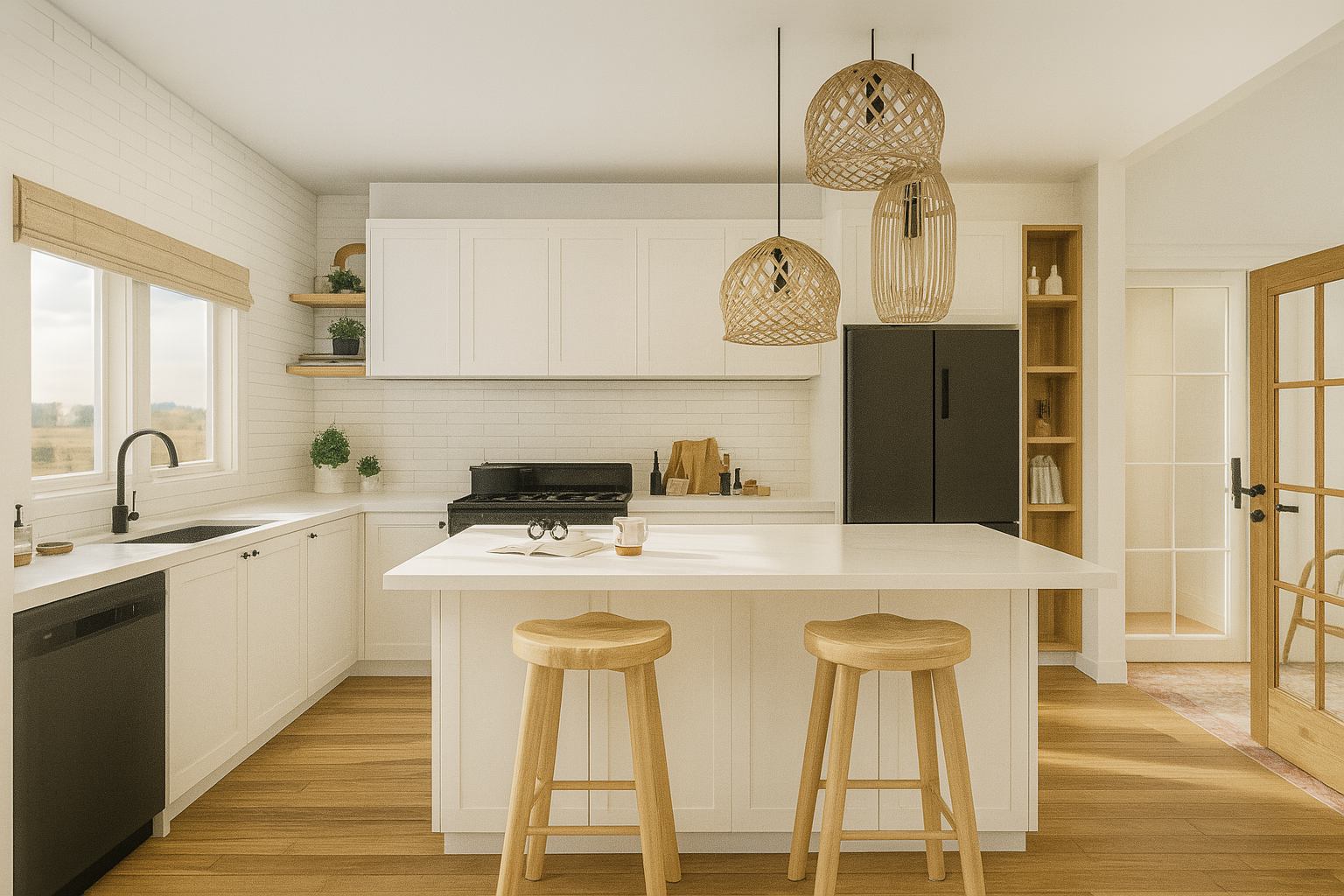 Modern white kitchen with a black fridge, island with stools, and woven pendant lights.