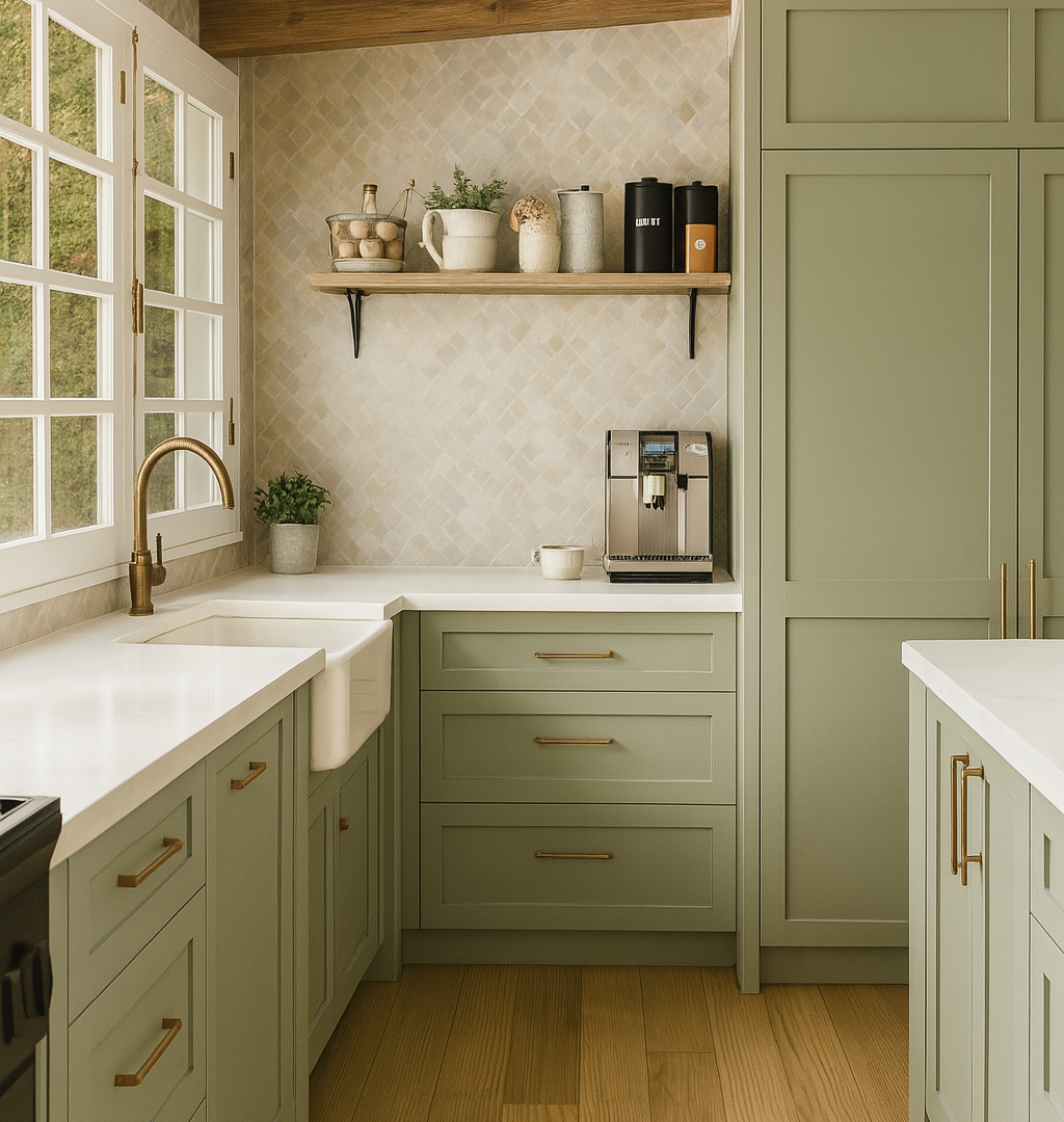 A kitchen with sage green cabinets, a white countertop, and a window. Includes a coffee machine and wooden shelving.
