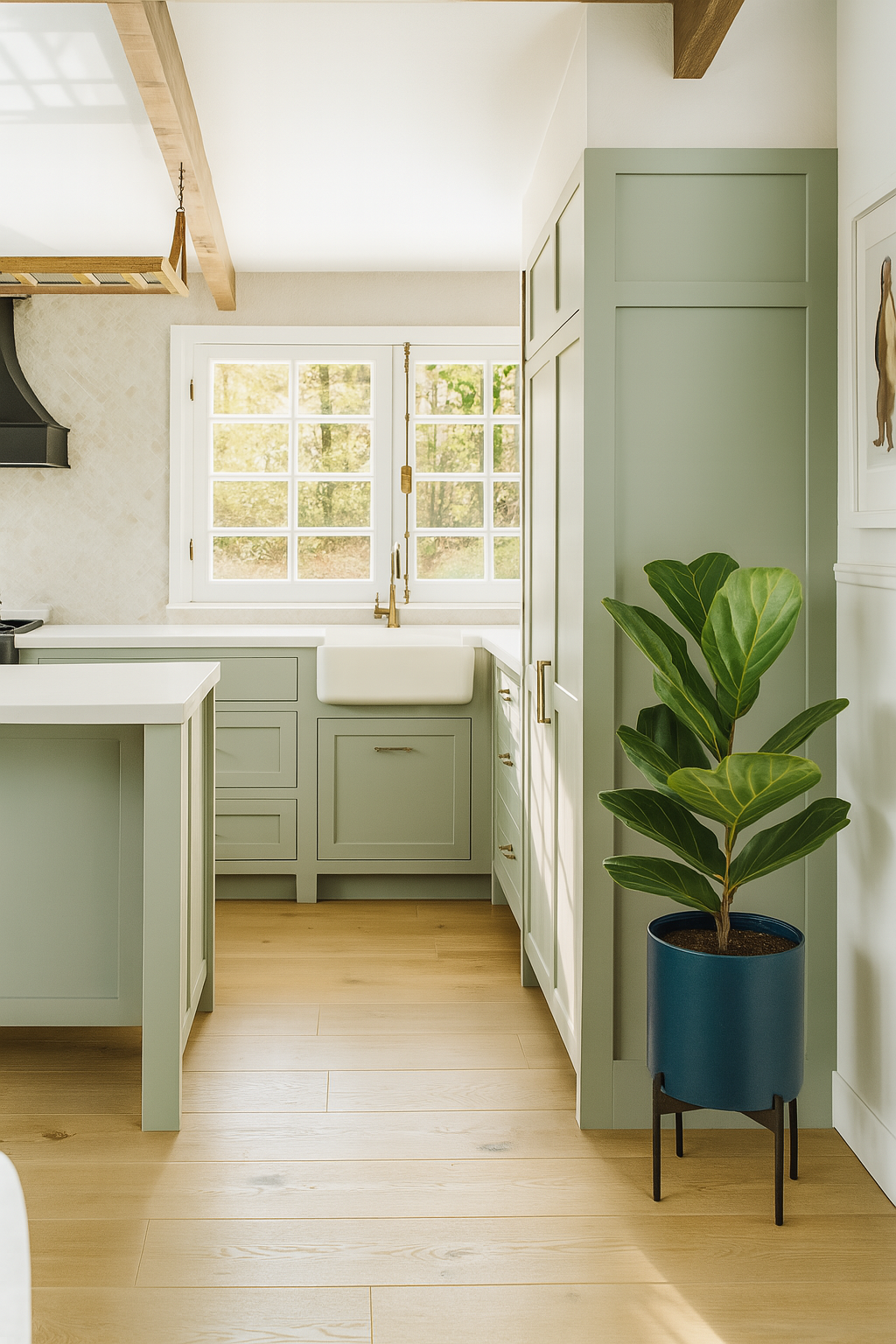 A light green kitchen with a white sink, wooden floors, and a fiddle-leaf fig in a blue pot.