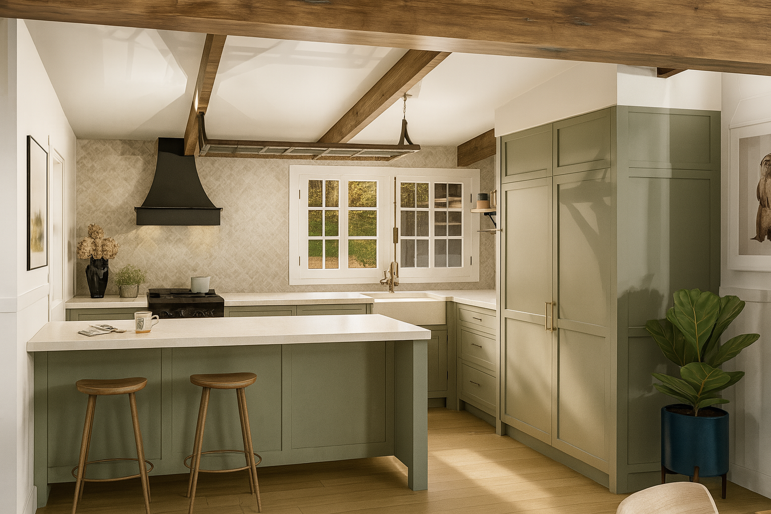 A modern kitchen featuring sage green cabinets, a breakfast bar with stools, and a farmhouse sink. Exposed beams and a large plant add warmth.