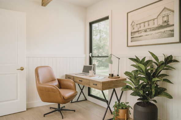 A home office with a brown desk, leather chair, artwork, and a potted plant. Natural light streams through a window.