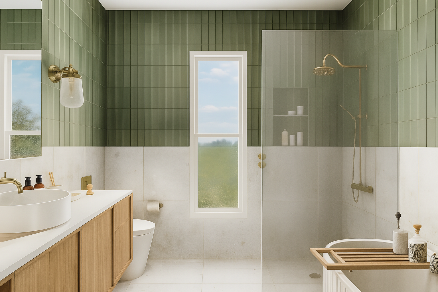 Modern bathroom with green and white tile. Features include a vanity, toilet, shower, and a long window with a view.