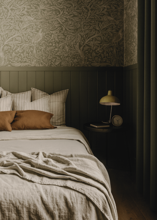Bedroom with olive green paneling, botanical wallpaper, and bed with tan and rust pillows.