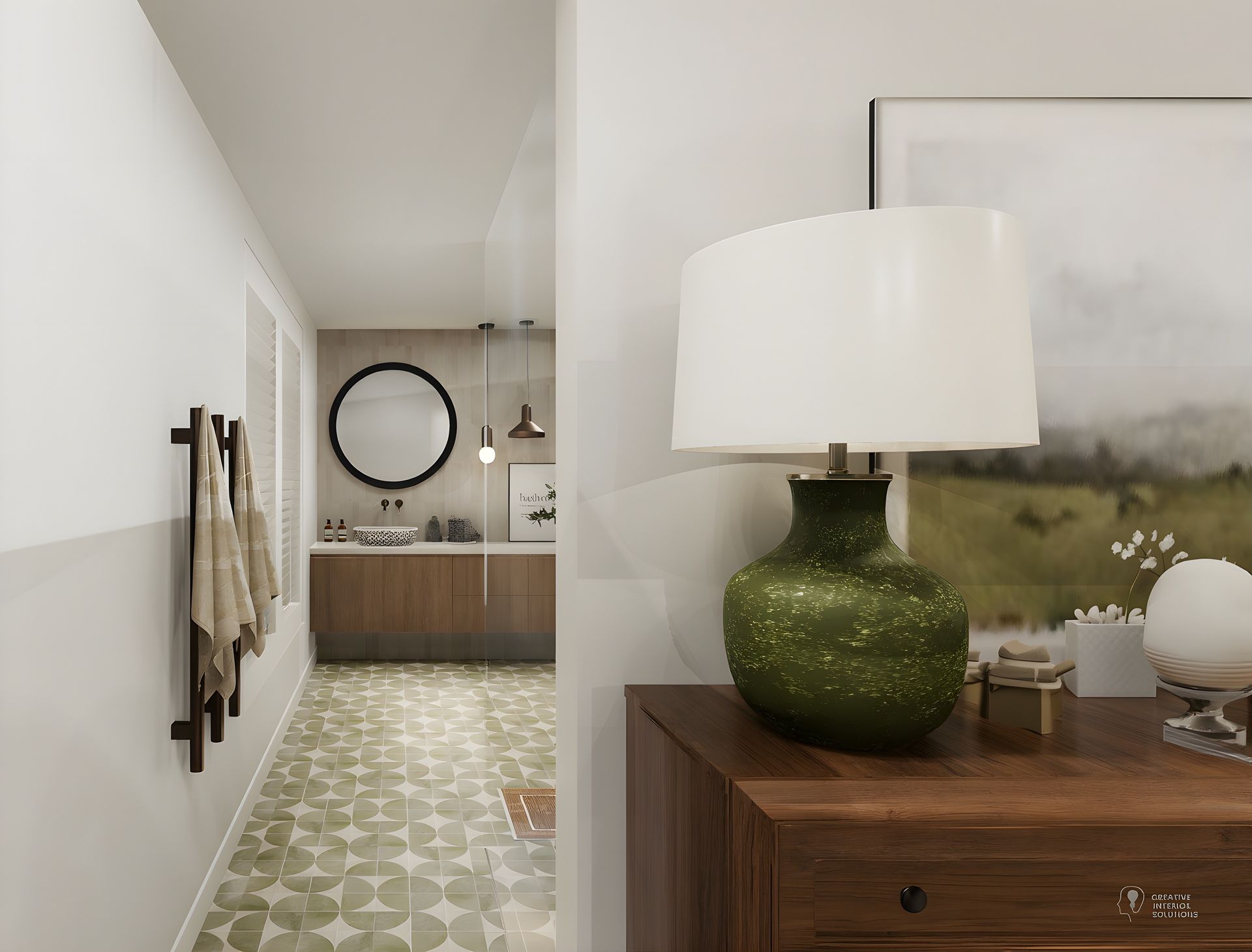 A rustic kitchen with green cabinets, a white countertop, and wooden accents. There are two stools at the island.