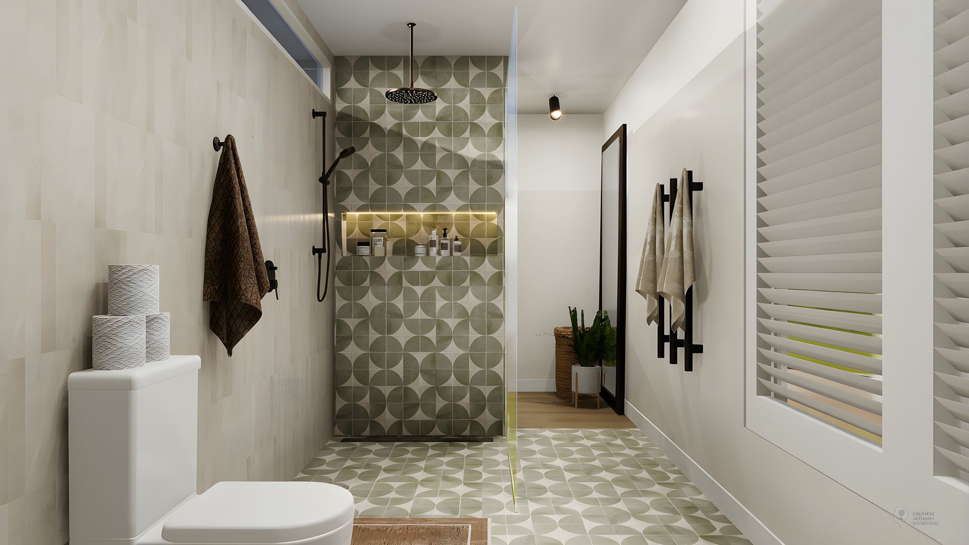 A modern, white kitchen with light countertops, black appliances, and a small island.