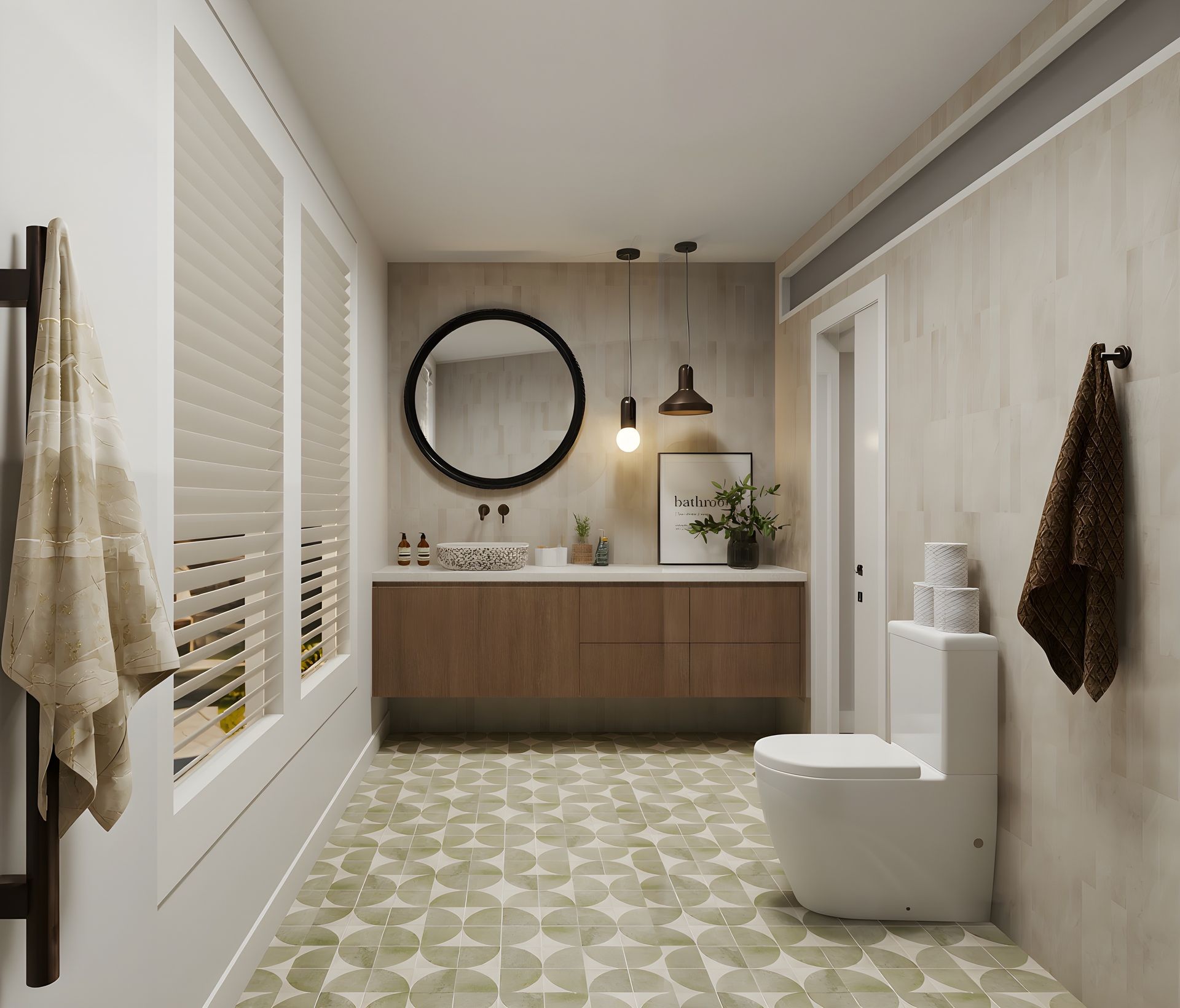 A cozy kitchen with sage green cabinets, a white countertop, and a window. A coffee machine sits on the counter near a shelf with decor.