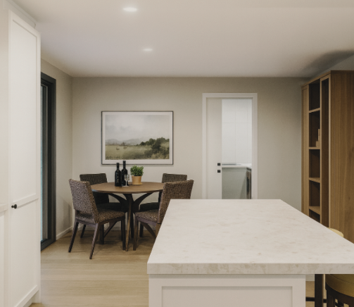 Bedroom corner with a bed covered in a light blanket. The walls feature a green wood paneling and a wallpaper with a pineapple design. A lamp sits on the wooden nightstand.