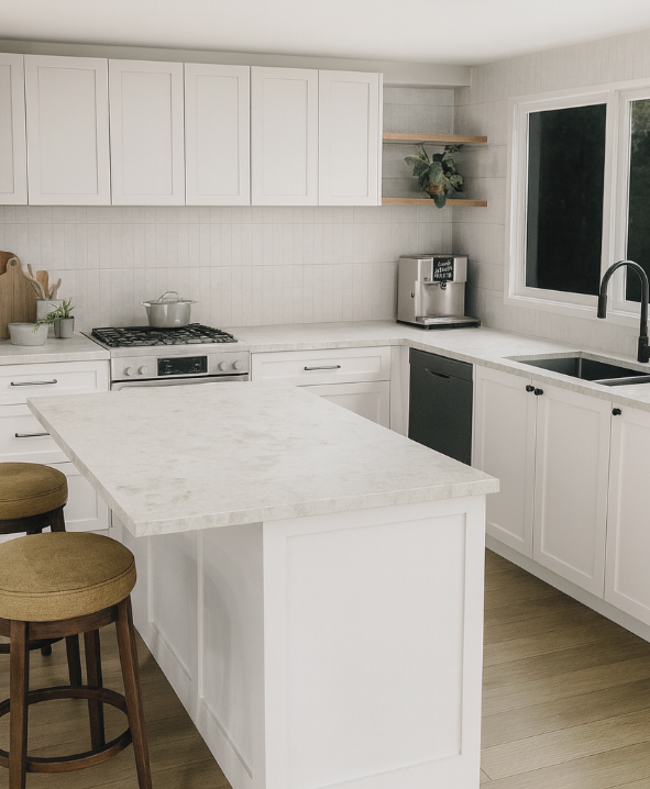 Bathroom with brown vertical tiled wall and toilet. Gray towel hangs on a dark wood towel warmer. Marble wall on the left.