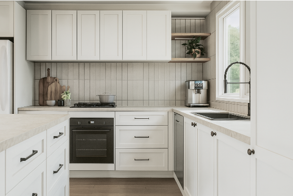 Bedroom with wooden bed, cream bedding, wooden nightstand with a lamp, green wall paneling, and pineapple wallpaper.